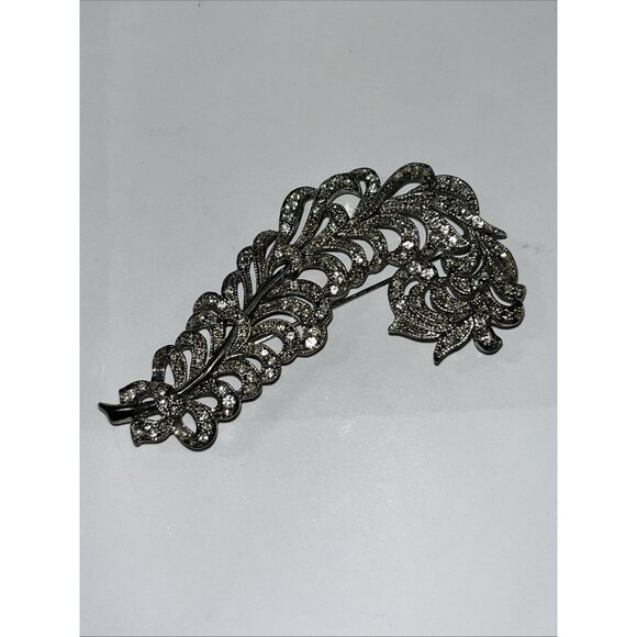Vintage Kenneth J Lane KJL Diamanté Rhinestone Feather Plume Silver Tone Brooch - Picture 1 of 7